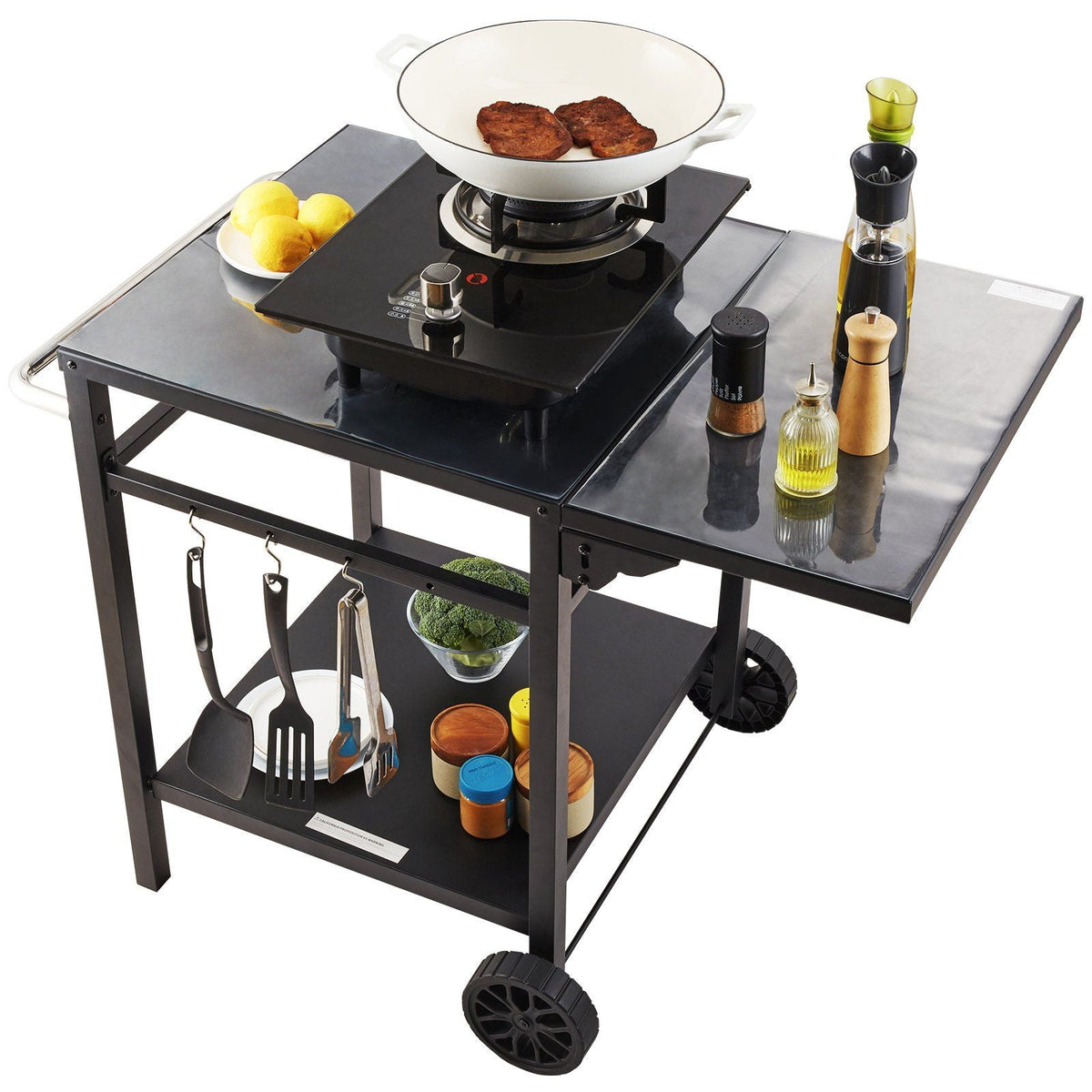 Outdoor Grill Dining Cart with Double-Shelf, BBQ Movable Food Prep Table, Multifunctional Foldable Iron Table Top, Portable Modular Carts for Pizza Oven, Worktable with 2 Wheels, Carry Handle