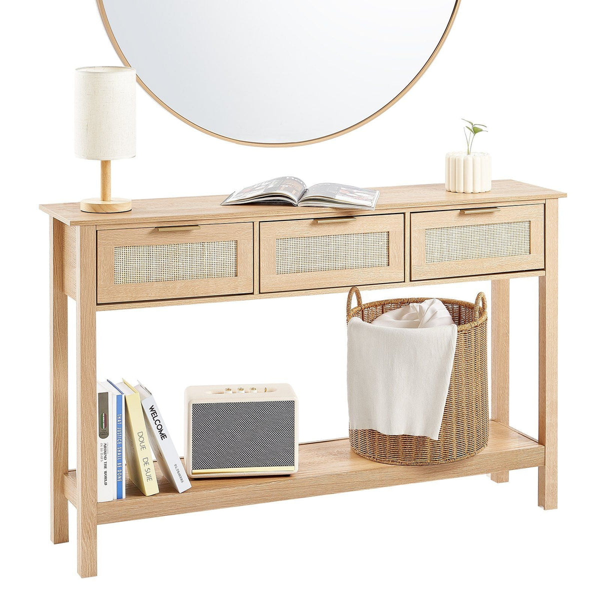 Rattan Console Table with 3 Storage Drawers Rattan Sliding Door Natural