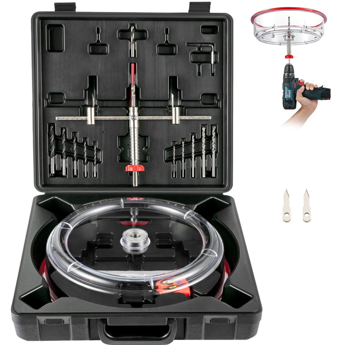 Adjustable Hole Saw Cutter Kit, 1-5/8" to 11-13 /16" (40-300 mm), Recessed Hole Saw with PC Dust Shield, Two Replaceable Pilot Drill Bits, for Recessed Lights, Ceiling Speakers, Vent Holes