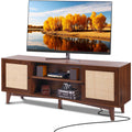 Rattan TV Stand for 75in TV, Boho TV Stand with Rattan Door, Entertainment Center with Build-in Socket, Storage Cabinet with 2 Shelves, Modern TV Console for Living Room, Media Room, Walnut