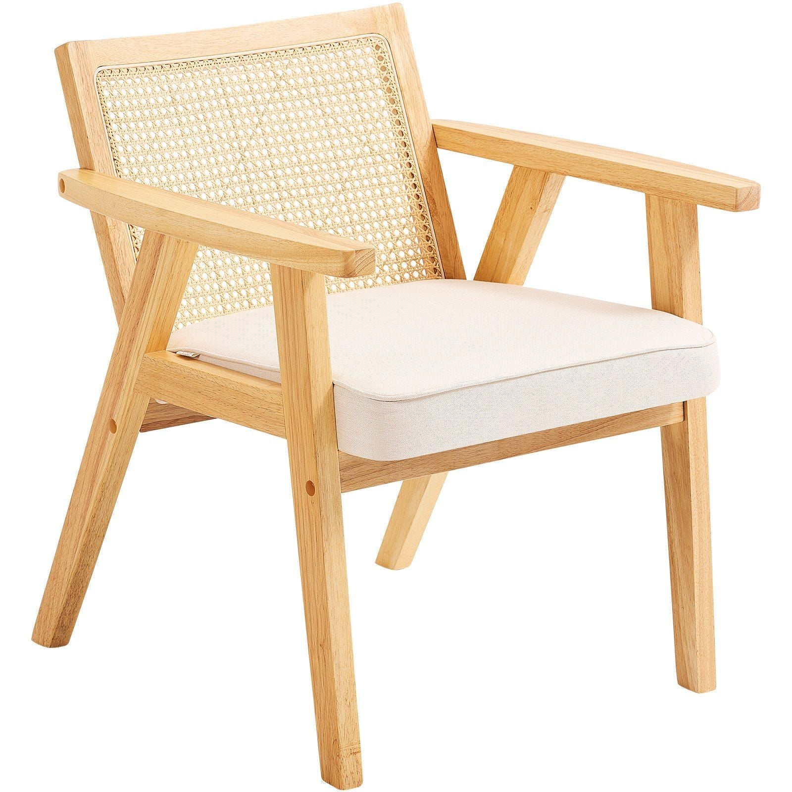 Mid Century Modern Rattan Chair, Upholstered Velvet Accent Chair with Rattan Back, Retro Living Room Chair for Living Room, Bedroom, Reading Room, and Office, Beige