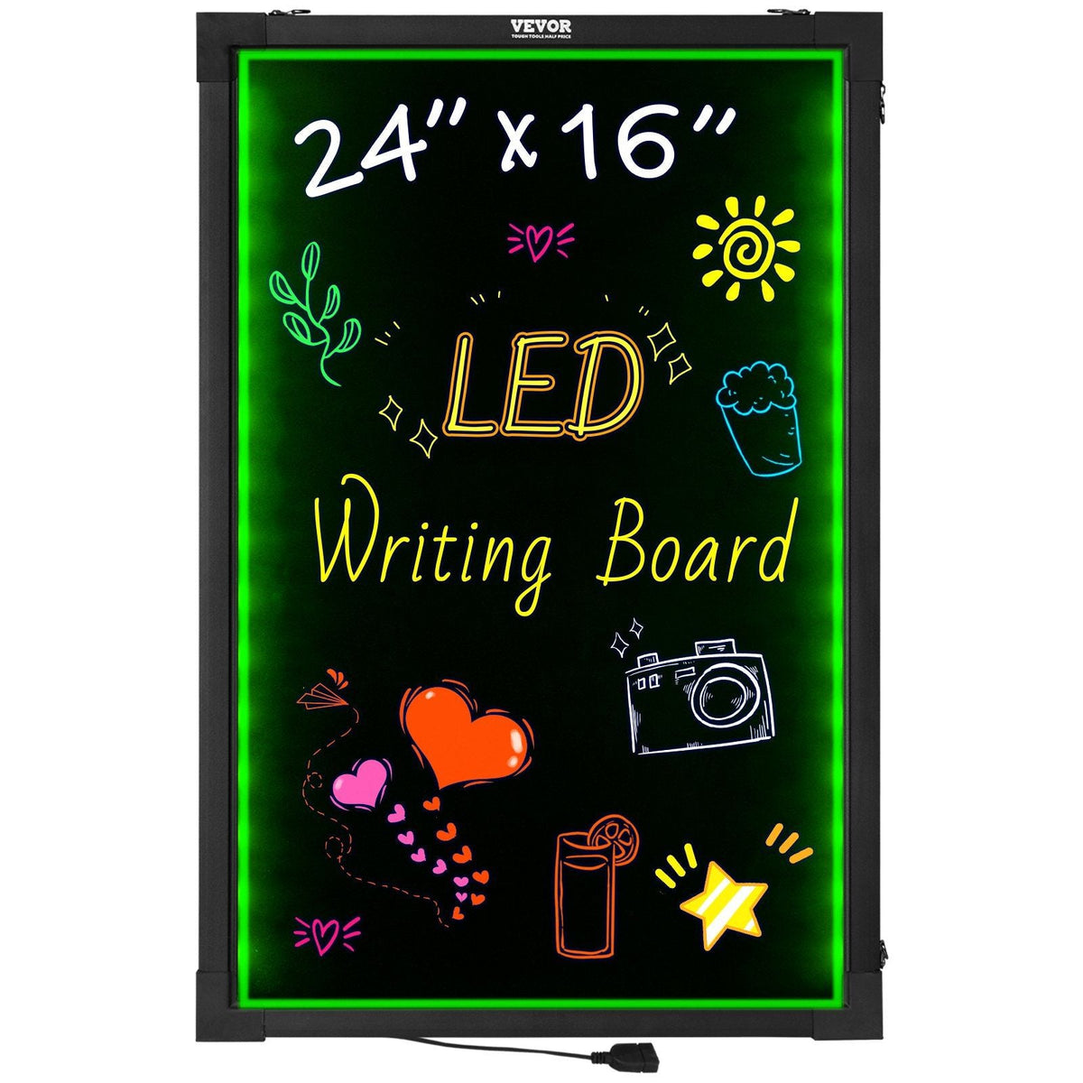 LED Message Writing Board, 24"x16" Illuminated Erasable Lighted Chalkboard, Neon Effect Menu Sign Board, Drawing Board with 8 Fluorescent Chalk Markers and Remote Tested to UL Standards