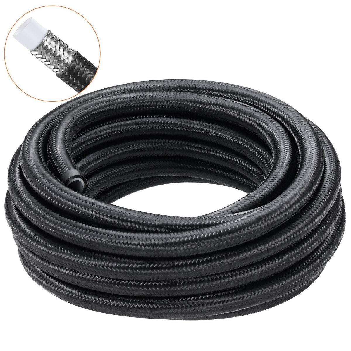 6AN Fuel Line Kit, 25 FT Fuel Hose Kit, 5/16" Nylon Stainless Steel Braided PTFE Fuel Line Kit, E85/Oil/Gas/Diesel Hose End Fitting Kit, with 15 PCS Swivel Fitting Adapter Kit, Black