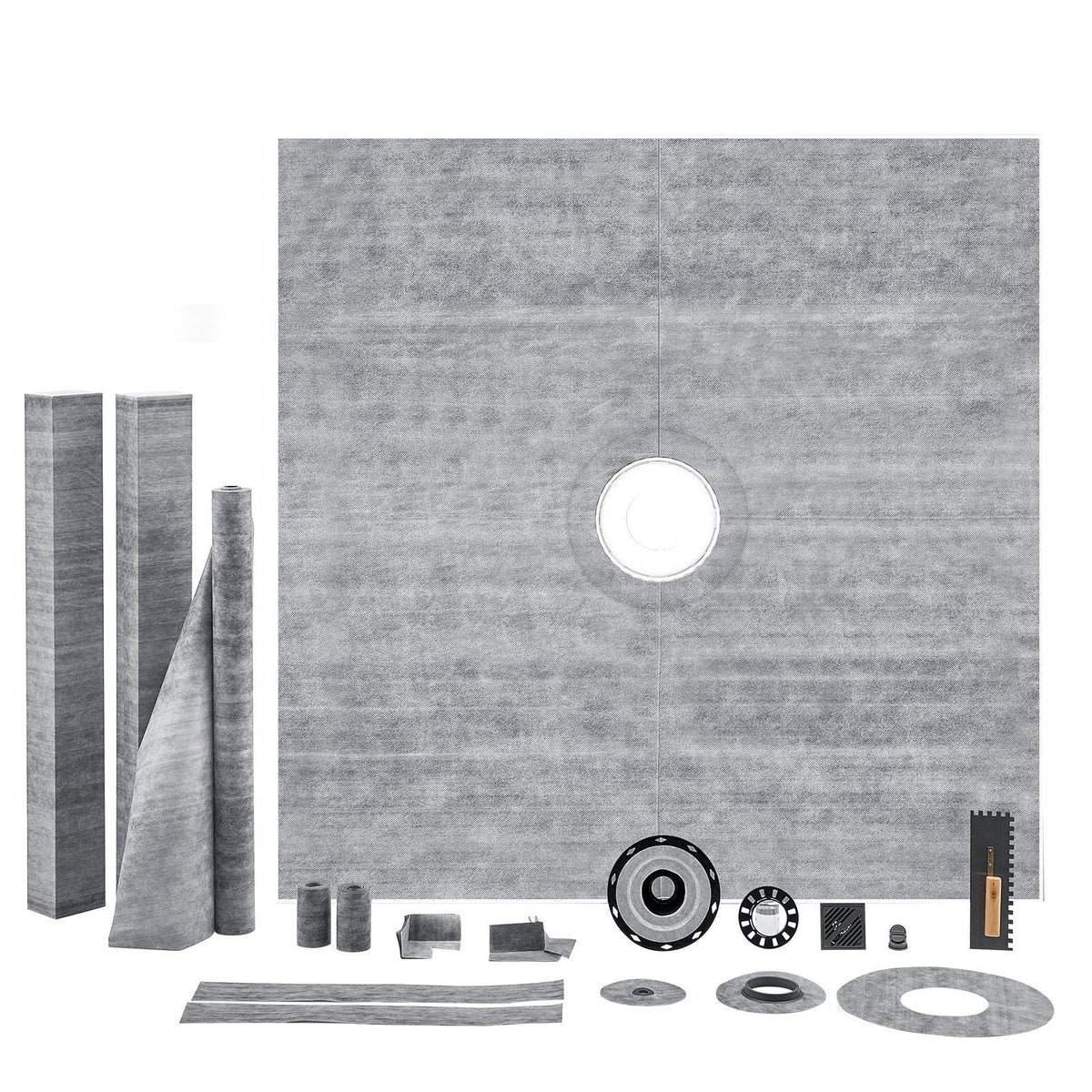 Shower Curb Kit, 72"x72" Shower Pan Kit with 2" PVC Central Flange, 4" Stainless Steel Grate, Waterproof Shower Curb & Membrane & Strip, Shower Pan Slope Sticks Fit for Bathroom