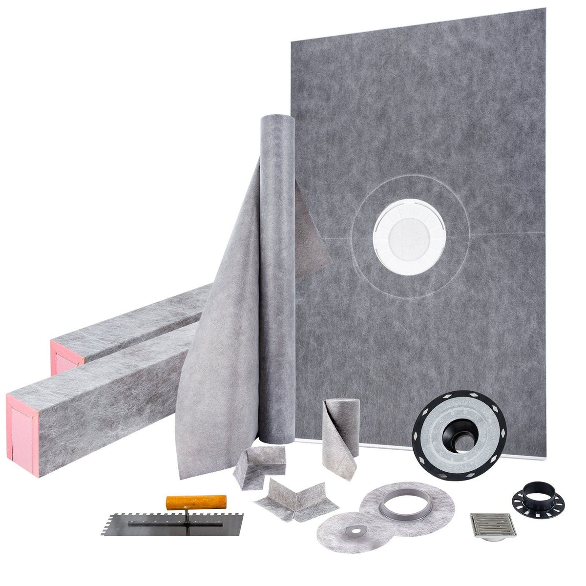 Shower Curb Kit, 48"x72" Watertight Shower Curb Overlay with 4" PVC Central Bonding Flange, 4" Stainless Steel Grate, 2 Cuttable Shower Curb and Trowel, Shower Pan Slope Sticks Fit for Bathroom