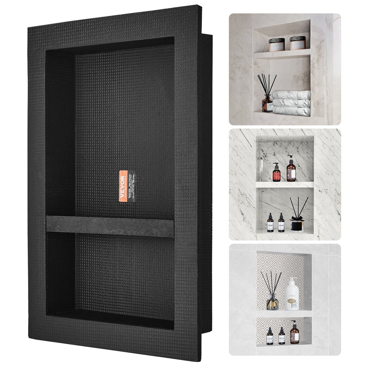 Shower Niche Ready for Tile 16" x 24", Double Shelf Organizer, Square Corners Wall-inserted Niche Recessed, Sealed Protection Modern Soap Storage Niche for Shower Bathroom, Black