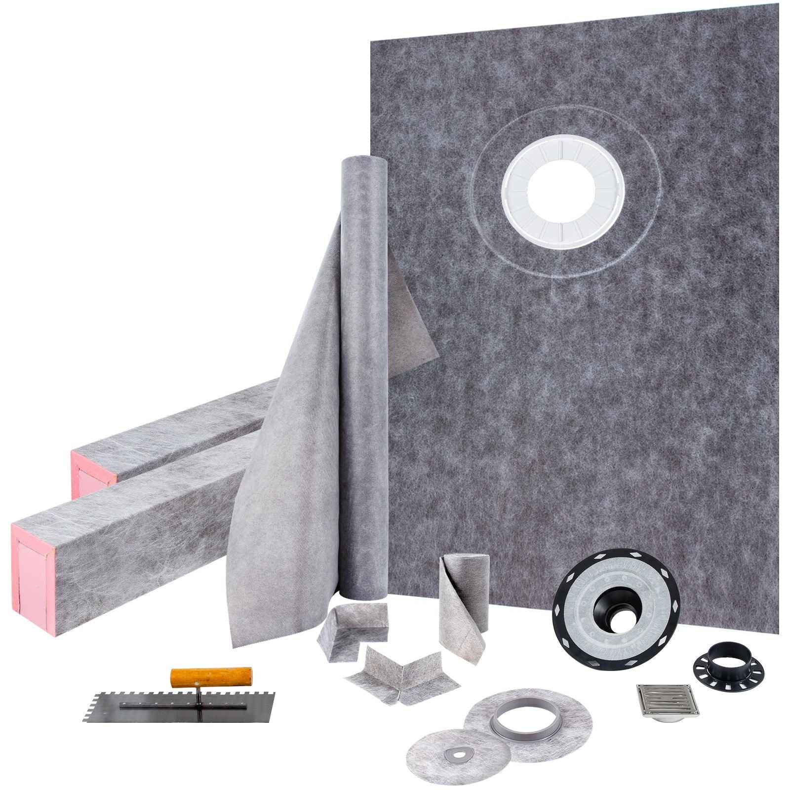 Shower Curb Kit, 38"x60" Watertight Shower Curb Overlay with 4" ABS Offset Bonding Flange, 4" Stainless Steel Grate, 2 Cuttable Shower Curb and Trowel, Shower Pan Slope Sticks Fit for Bathroom