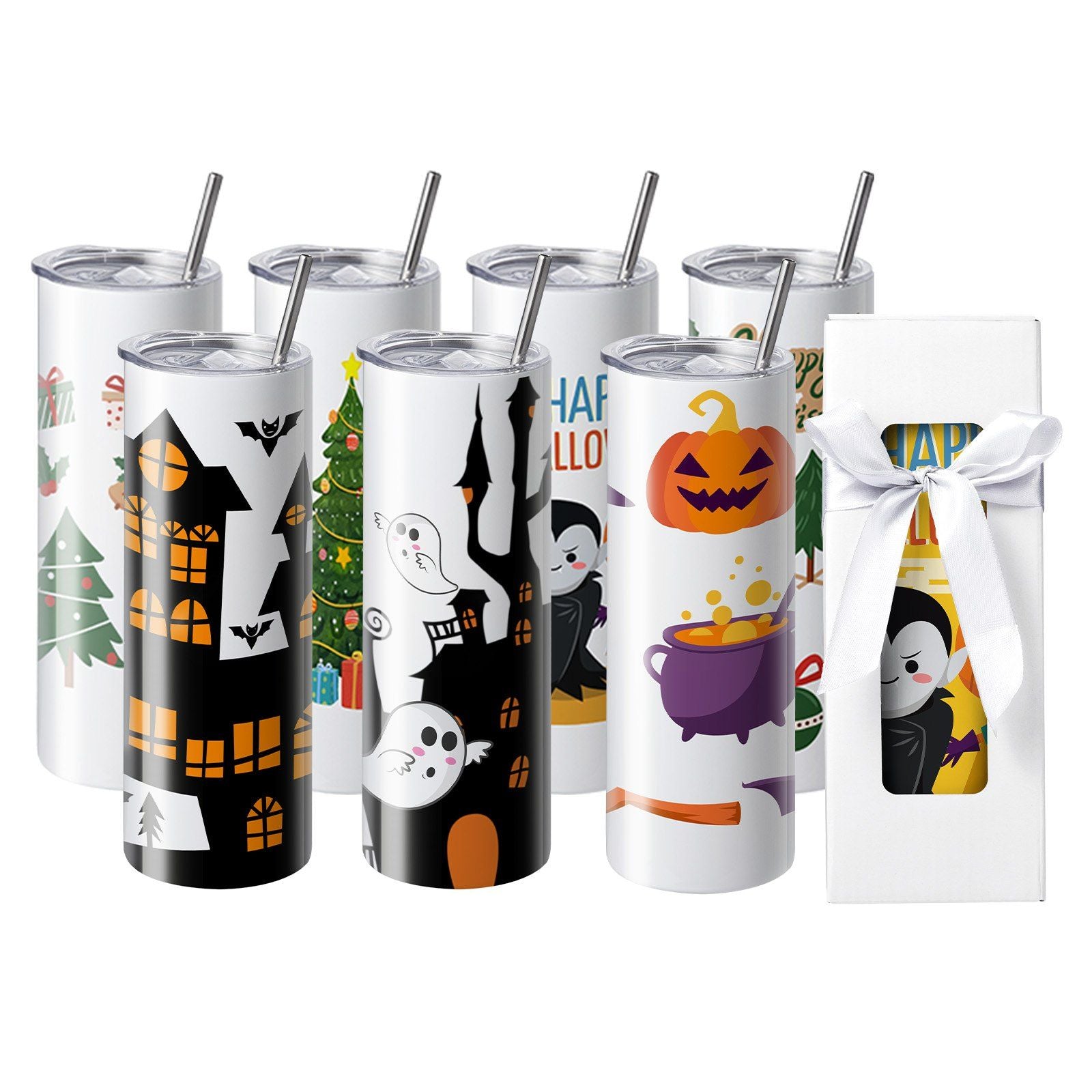 8 Pack Sublimation Tumblers 20 Oz Skinny Straight, Stainless Steel Sublimation Tumblers Blank, Stainless Steel Double Wall Tumbler for Heat Transfer Customized Gifts with Lid and Straw, Gift Box