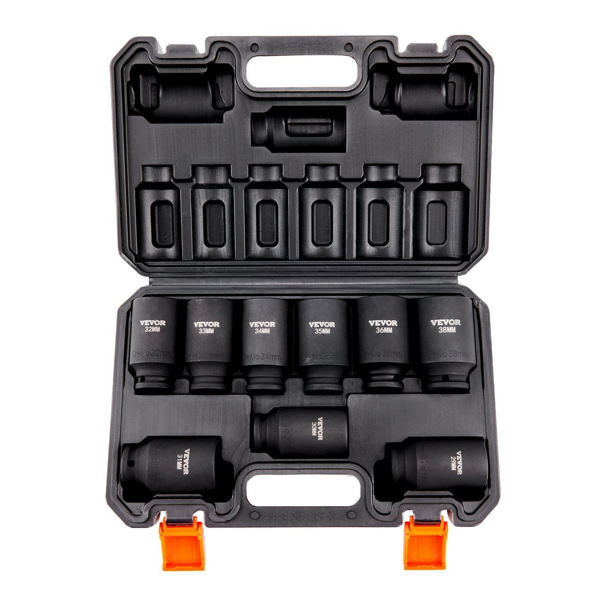 1/2" Drive Impact Socket Set, 9 Piece Deep Socket Set Metric 29-38mm, 6 Point Cr-Mo Alloy Steel for Auto Repair, Easy-to-Read Size Markings, Rugged Construction, Includes Storage Case