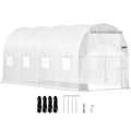 Walk-in Tunnel Greenhouse, 15 x 6.5 x 7 ft Portable Plant Hot House w/ Galvanized Steel Hoops, 1 Top Beam, Diagonal Poles, Zippered Door & 8 Roll-up Windows, White
