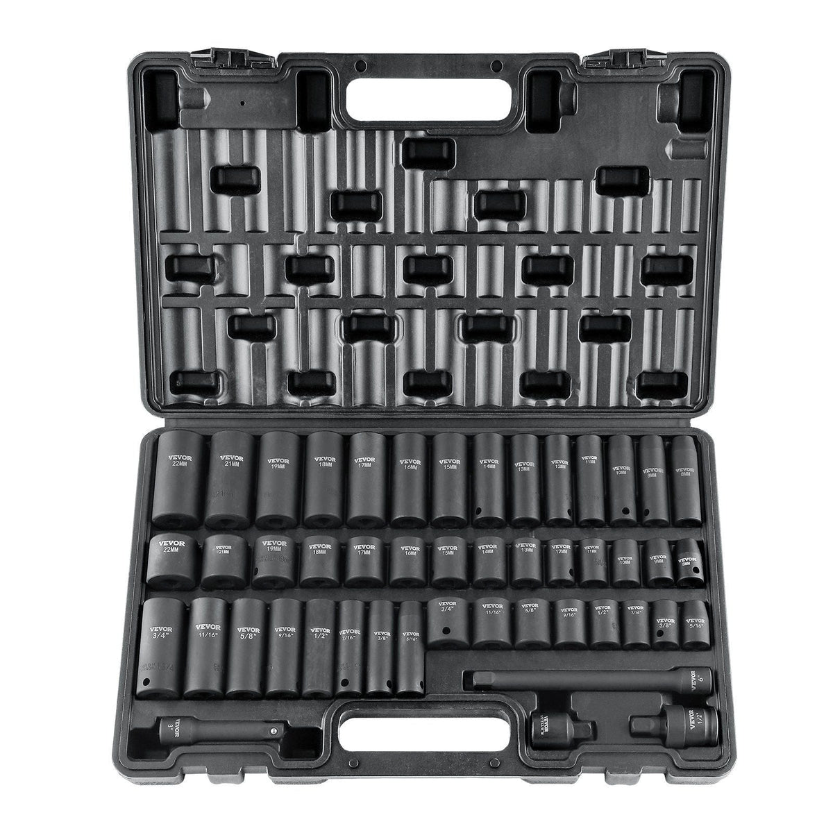 3/8" Drive Impact Socket Set, 48 Piece Socket Set SAE (5/16" -3/4") & Metric (8-22mm)6 Point Cr-V Drive Extension Bar Universal Joint & Power Drill Adapter Includes Storage Case