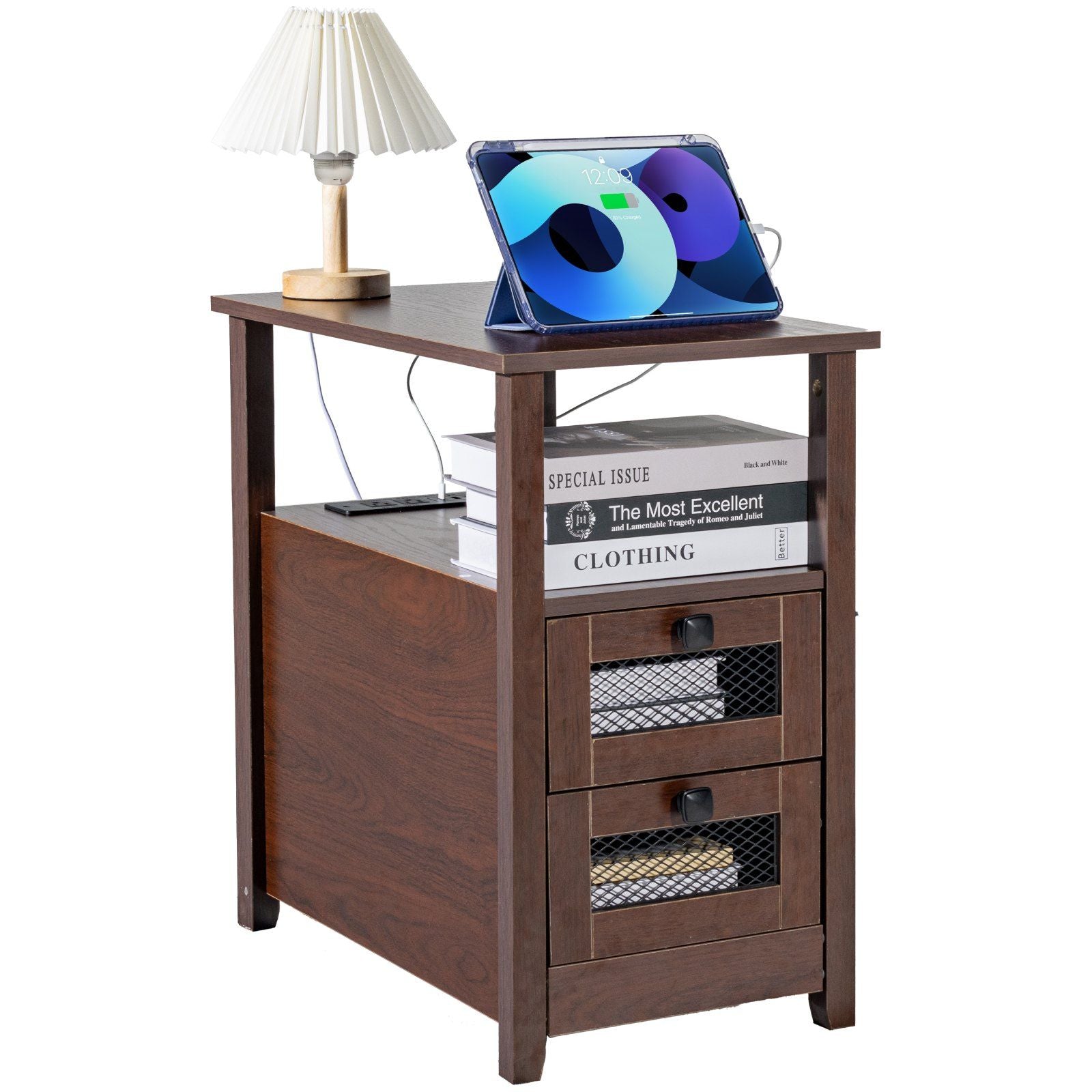 Farmhouse End Table, Narrow Night Stand with USB Ports and Outlets, 4 Tiers End Table Side Table Coffee Table with Storage Cabinet and 2 Drawers, Ideal for Living Room, Bedroom, Office, Brown