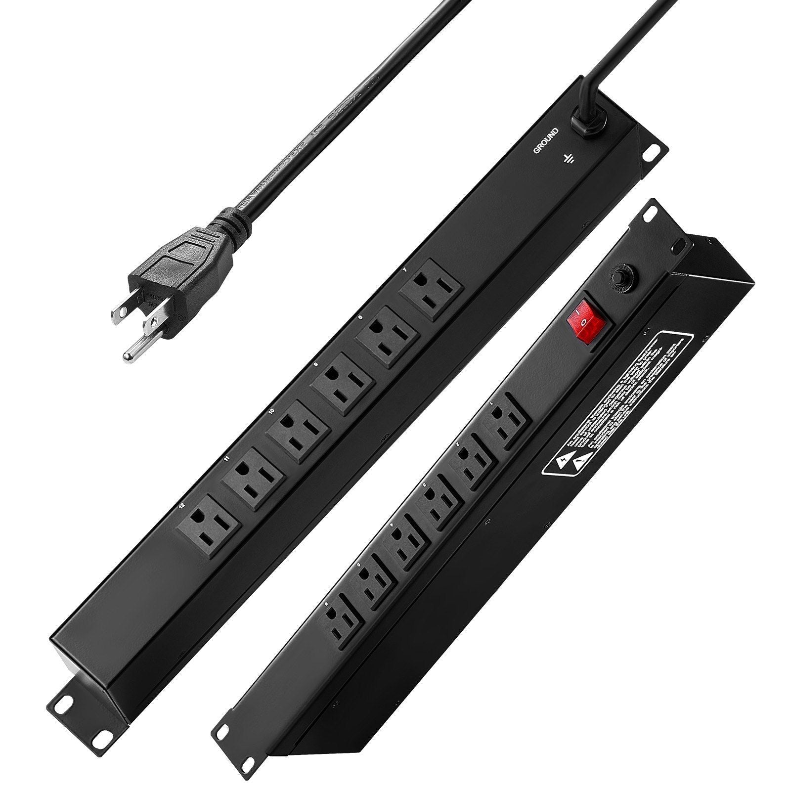 19" 1U PDU 12 Outlets Rack Mount Power Strip Surge Overload Protection