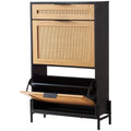 Rattan Shoe Cabinet, Narrow Shoe Storage Organizer with 2 Flip Rattan Drawers & 1 Slide Drawer, Metal Legs, Slim Shoe Entryway Cabinet Ideal for Entryway, Closet, Hallway, Black