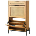 Rattan Shoe Cabinet, Narrow Shoe Storage Organizer with 2 Flip Rattan Drawers & 1 Slide Drawer, Metal Legs, Slim Shoe Entryway Cabinet Ideal for Entryway, Closet, Hallway, Light Wood Color