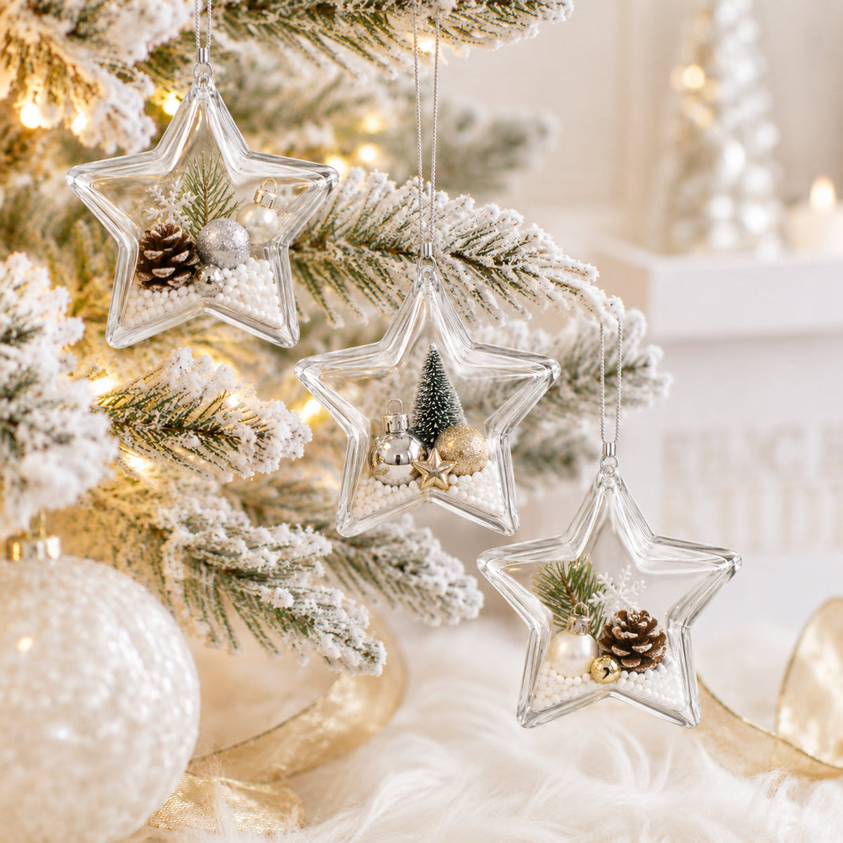 Set of 3 Openable Fillable Clear Plastic Star Christmas Ornaments DIY Craft 3.5 Inches