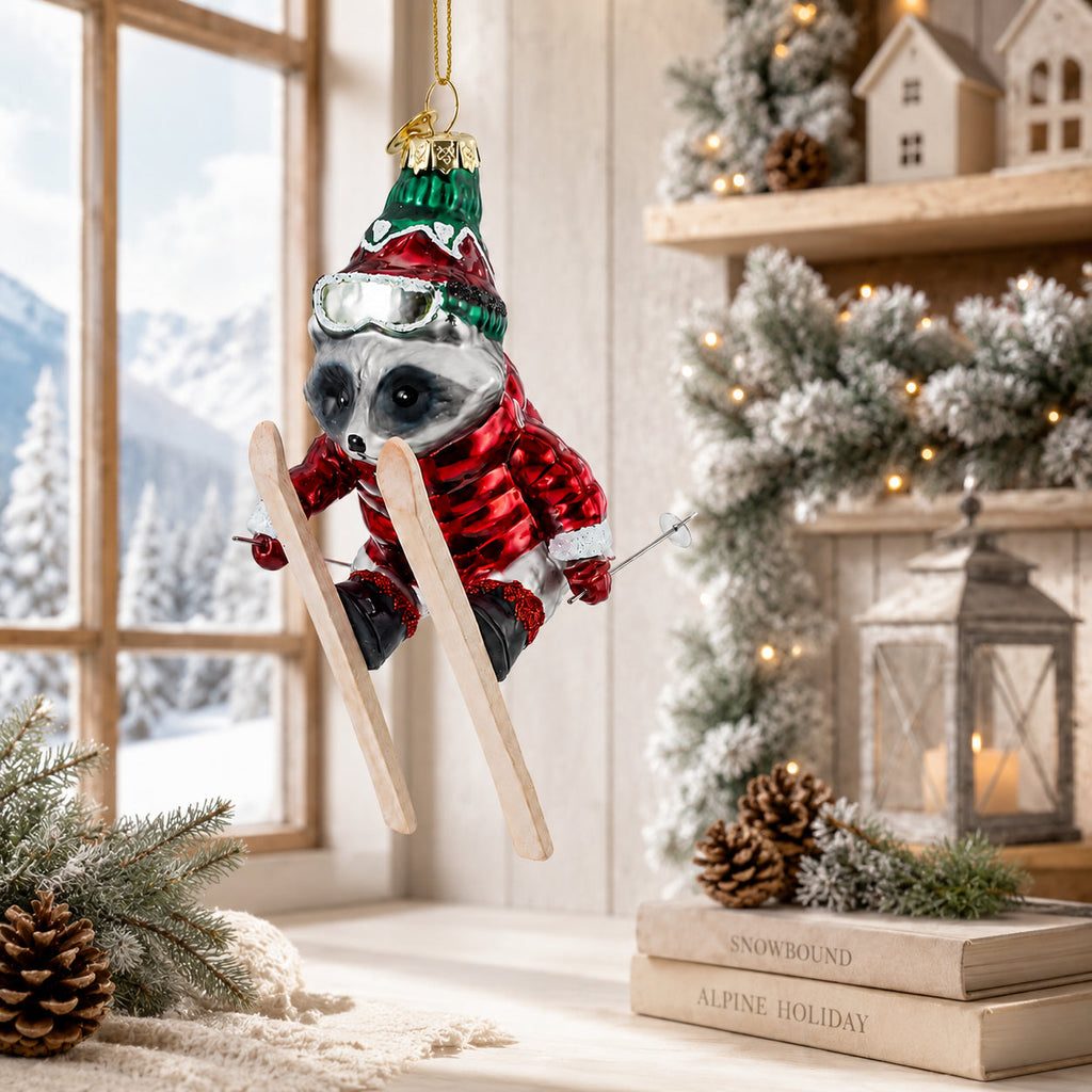 Raccoon Skier with Goggles Glass Christmas Ornament