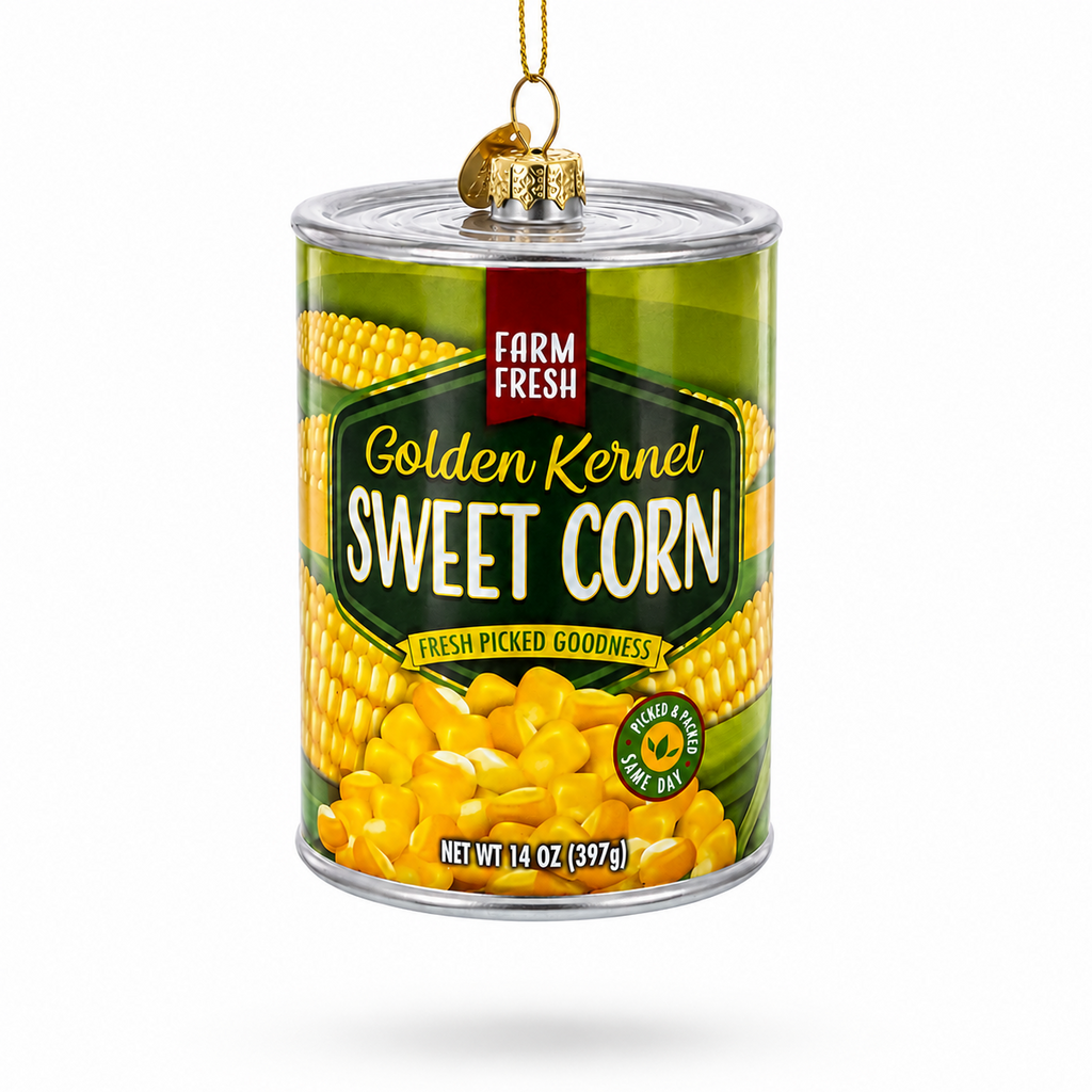 Golden Kernel Sweet Corn Can Glass Christmas Ornament