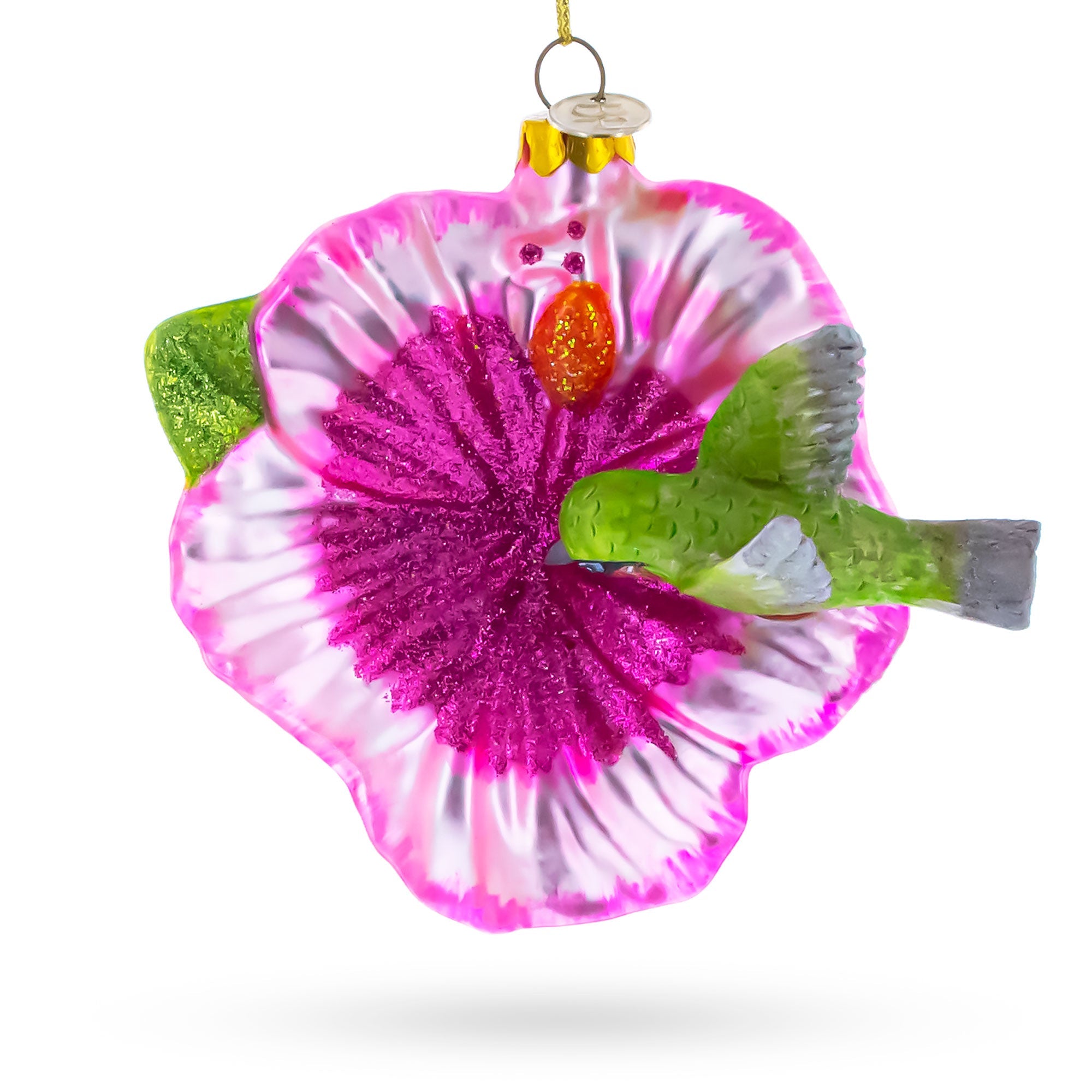 Hummingbird with Pink Hibiscus Glass Christmas Ornament