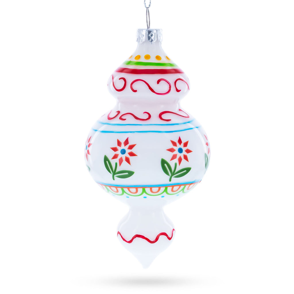 Red Flowers and Swirls Glass Christmas Ornament
