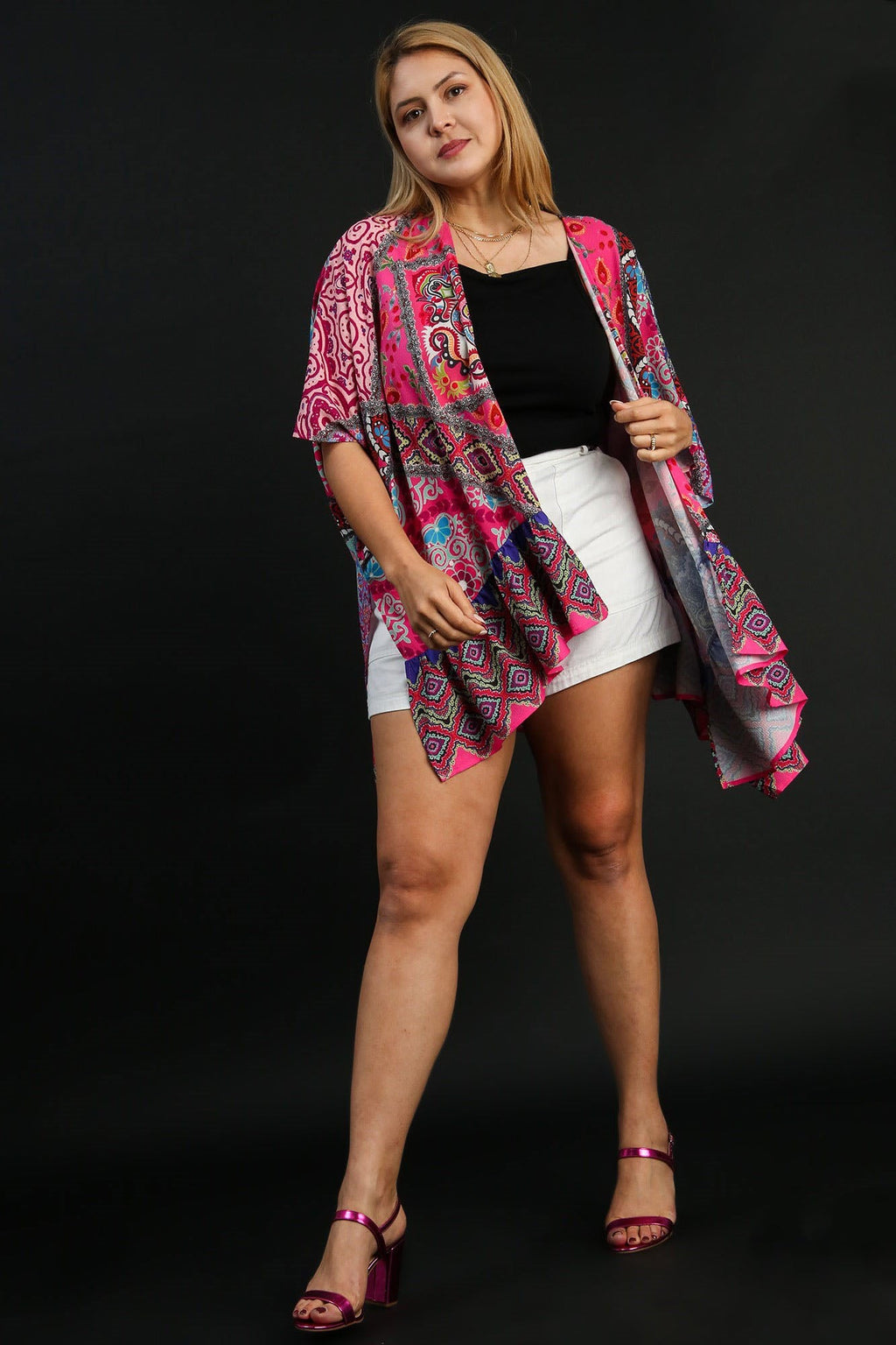 Umgee Full Size Mixed Print Ruffle Hem Open Front Cover Up Plus Size
