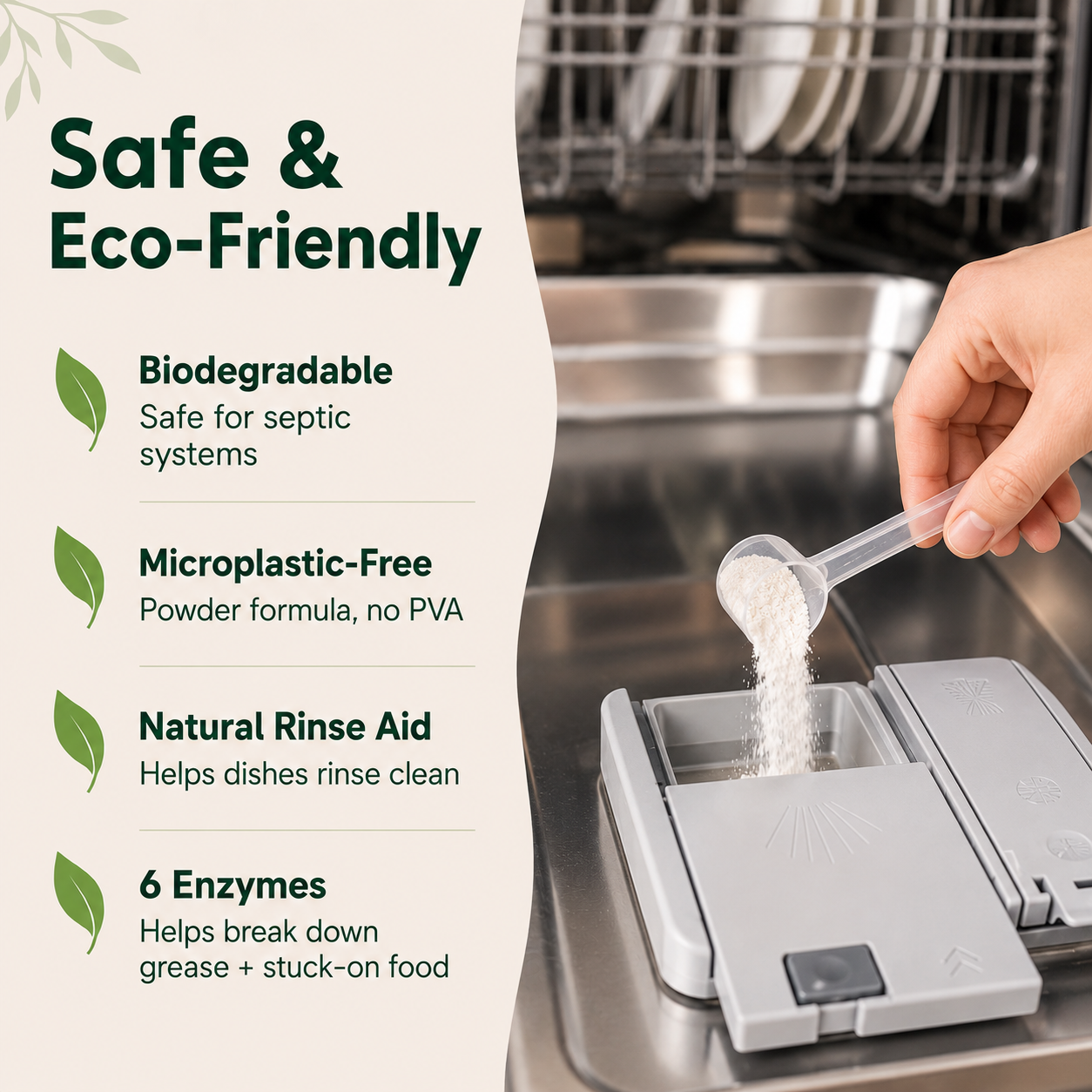 Powerful Dishwasher Detergent with Enzymes — No Microplastics, No Residue