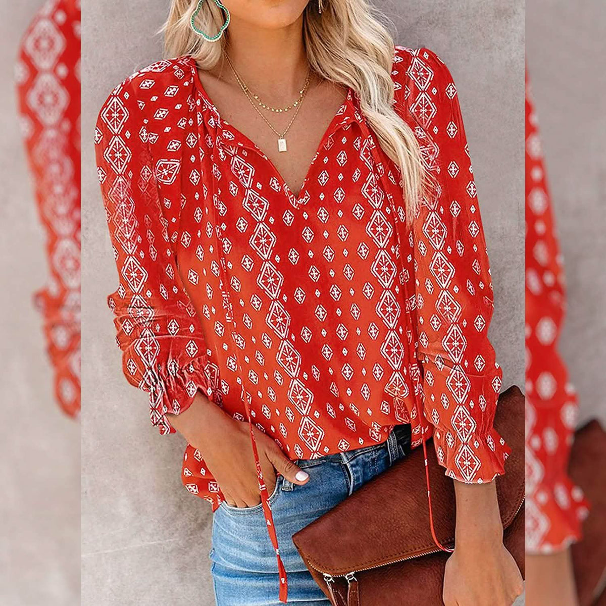 Dokotoo Women's Casual Boho Floral Printed V-Neck Top