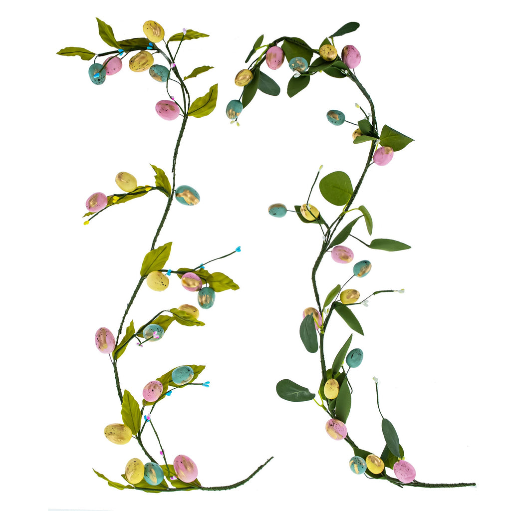 Set of 2 Easter Egg and Leaf Garland With Pastel Speckled Eggs Spring Hanging Decor 6.6 Inches Tall