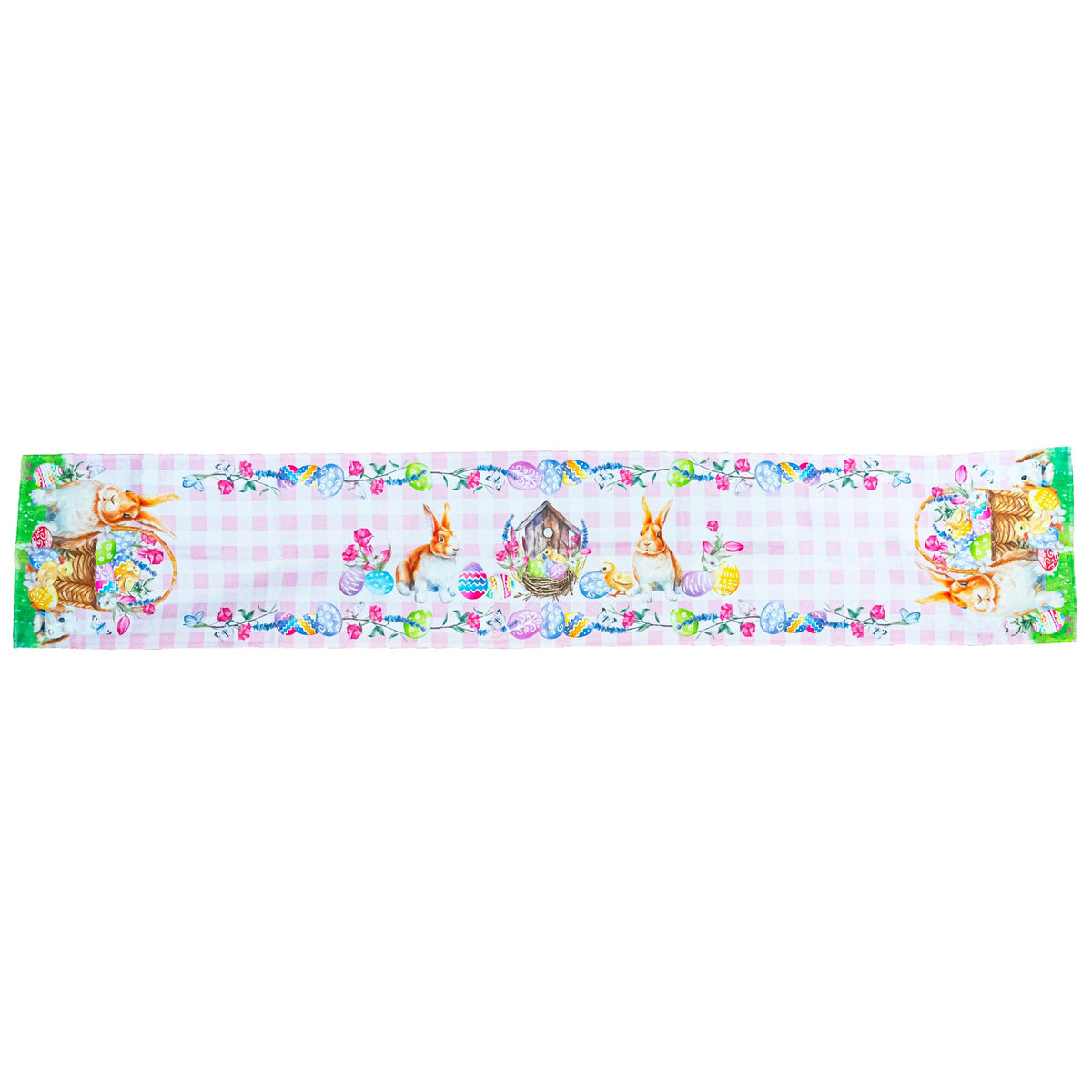 Fabric Easter Table Runner Featuring Playful Bunnies and Pastel Eggs 73 Inches Long