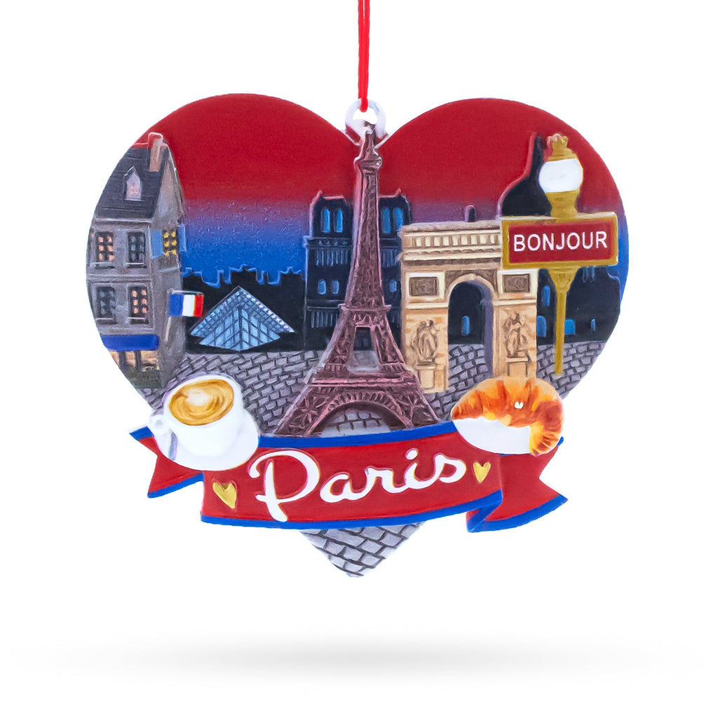 Paris Heart with Eiffel Tower and Bonjour Café Resin Christmas Ornament