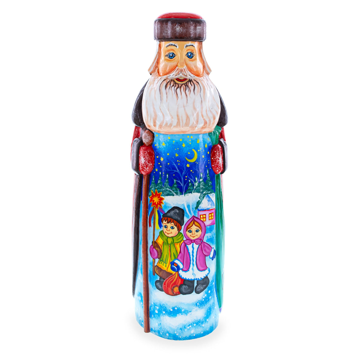 Hand Carved Ukrainian Santa with Children Caroling Solid Wood Figurine 11 Inches