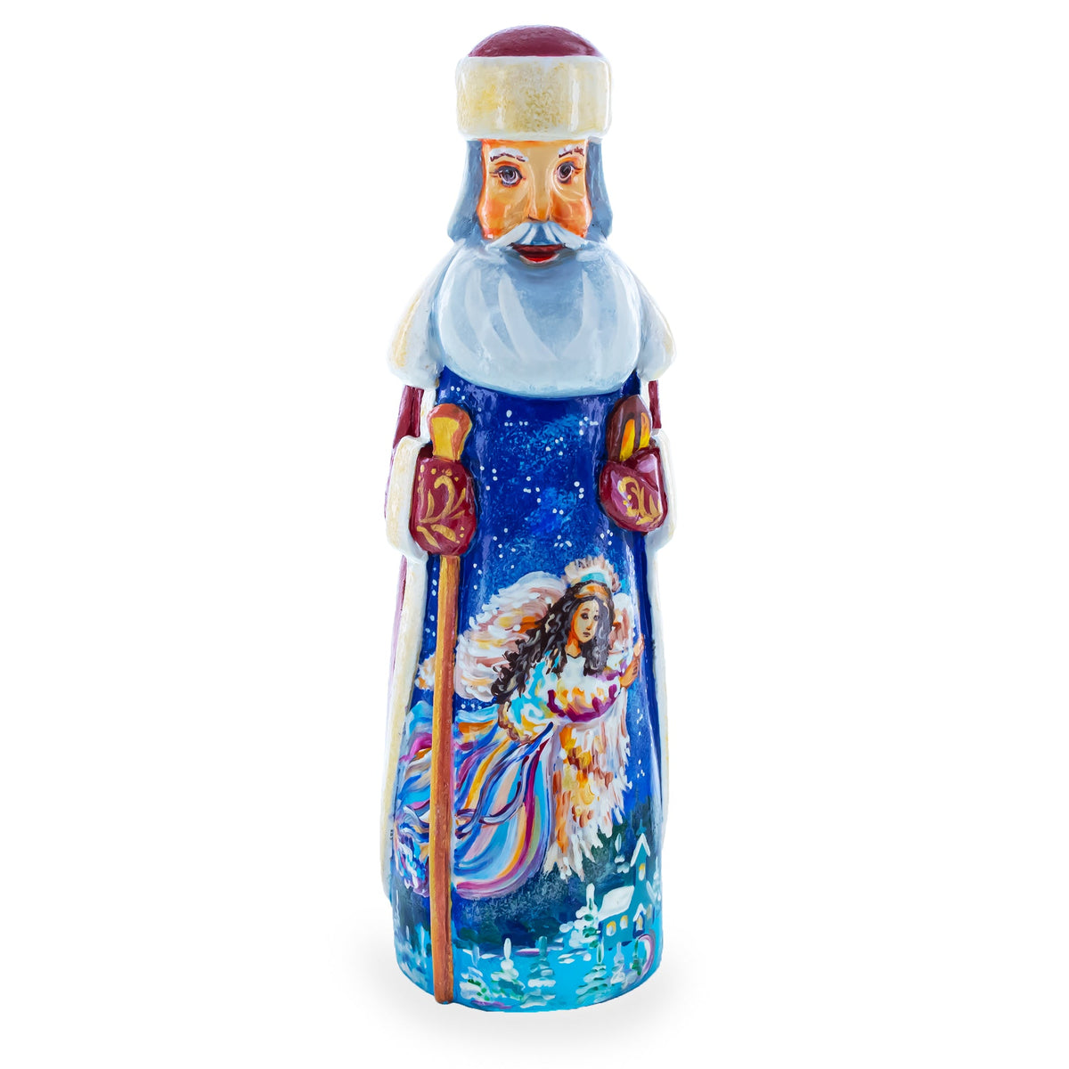 Angels in The Night Hand Carved Wooden Santa 7.25 Inches