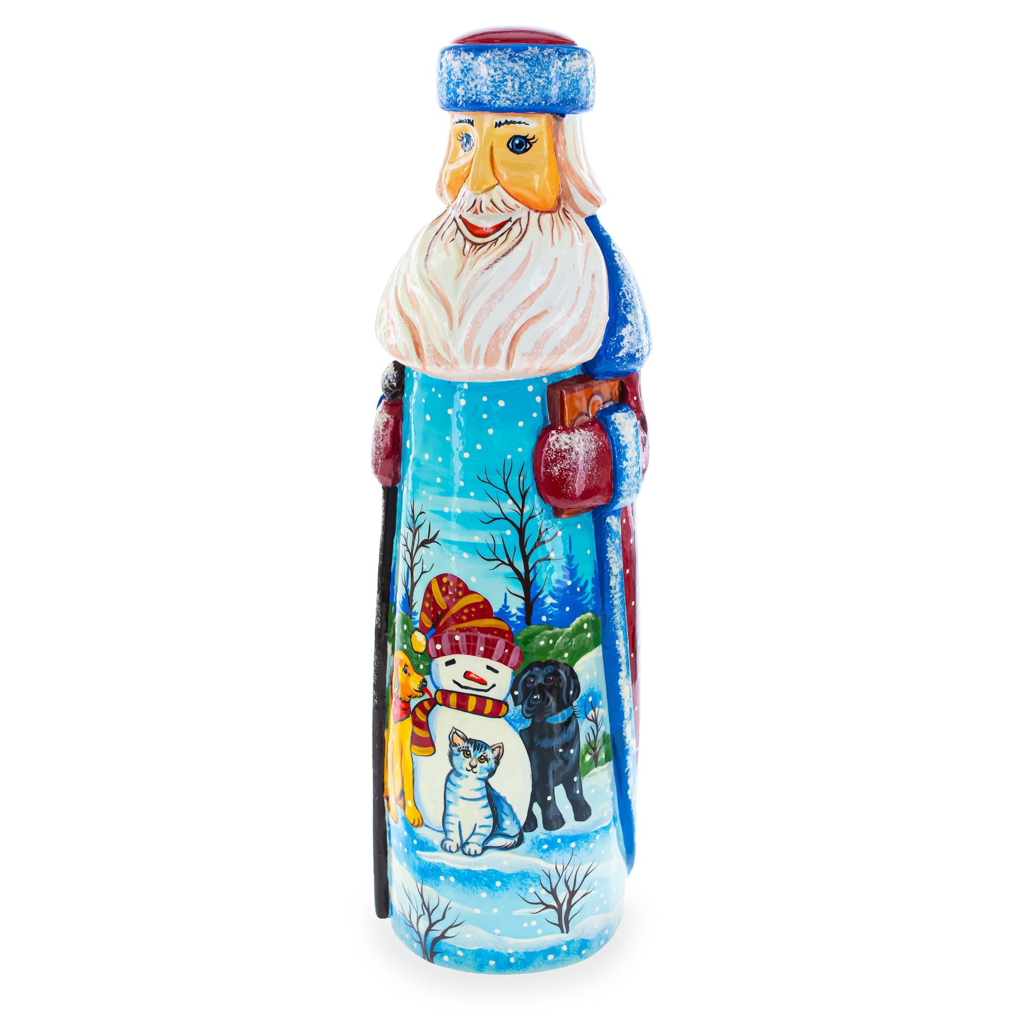 Snowman with Dog & Cat Friends Hand Carved Solid Wood Santa Figurine 11 Inches