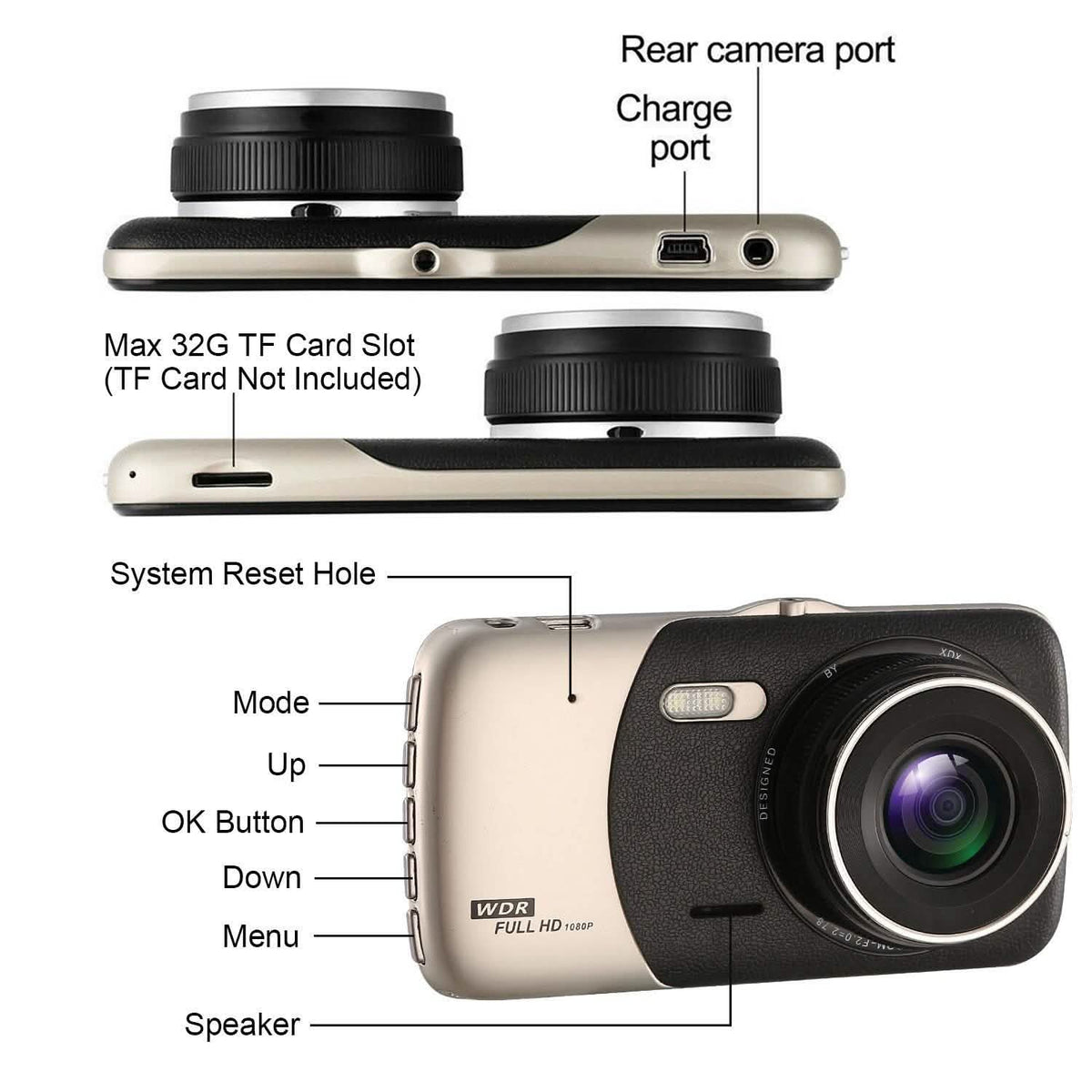 FHD 1080P Dash Cam 4" Screen Dual Cameras