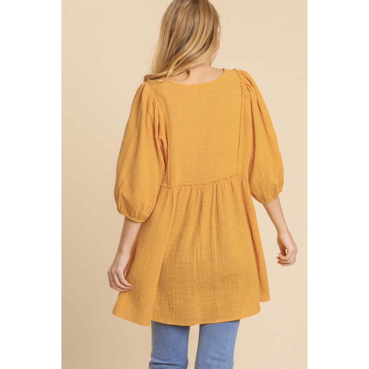 Gauze Slub V-neck Frayed Edge Detail Tunic Dress