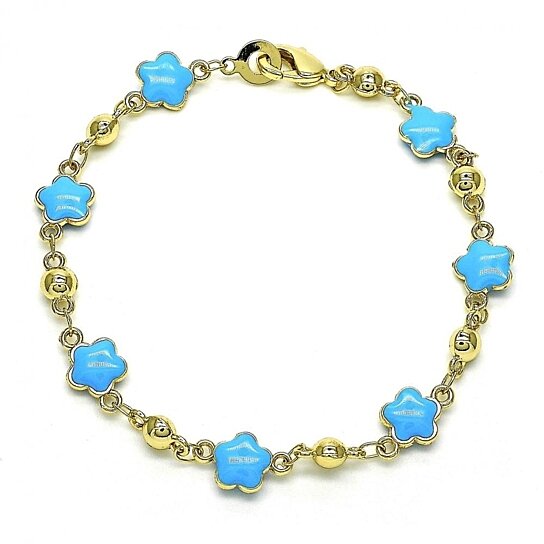 RMZ GOLD NYC 14K Gold High Polish Finish Turquoise Enamel Flower Bracelet 8 Inches Women Teens