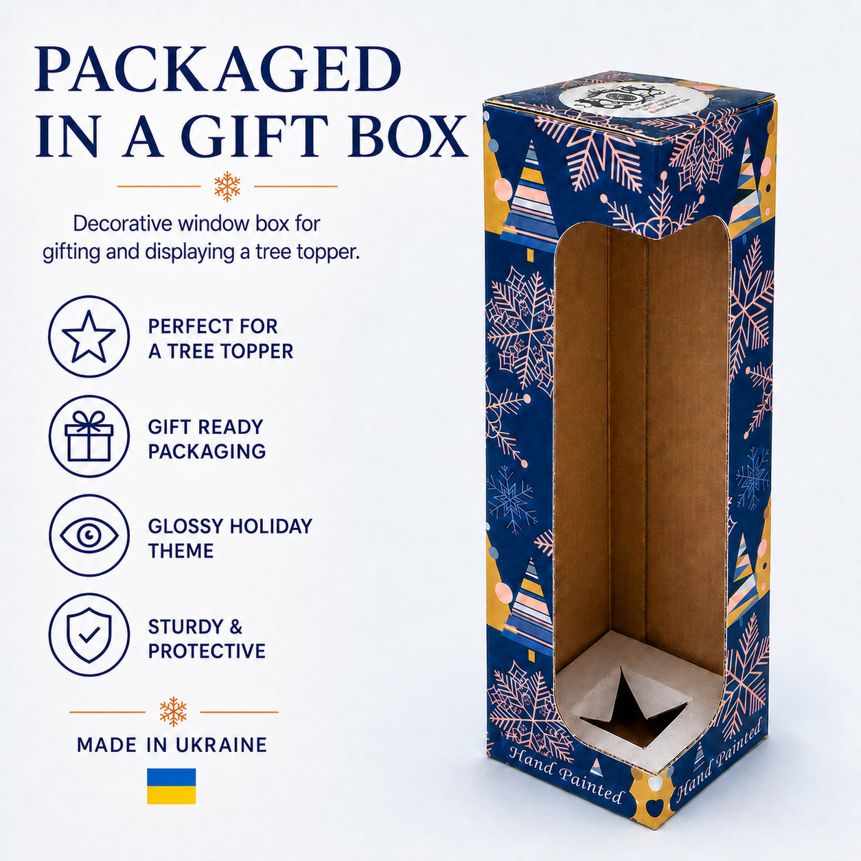 White Dial Clock on Blue and Gold Glass Christmas Tree Topper 11 Inches