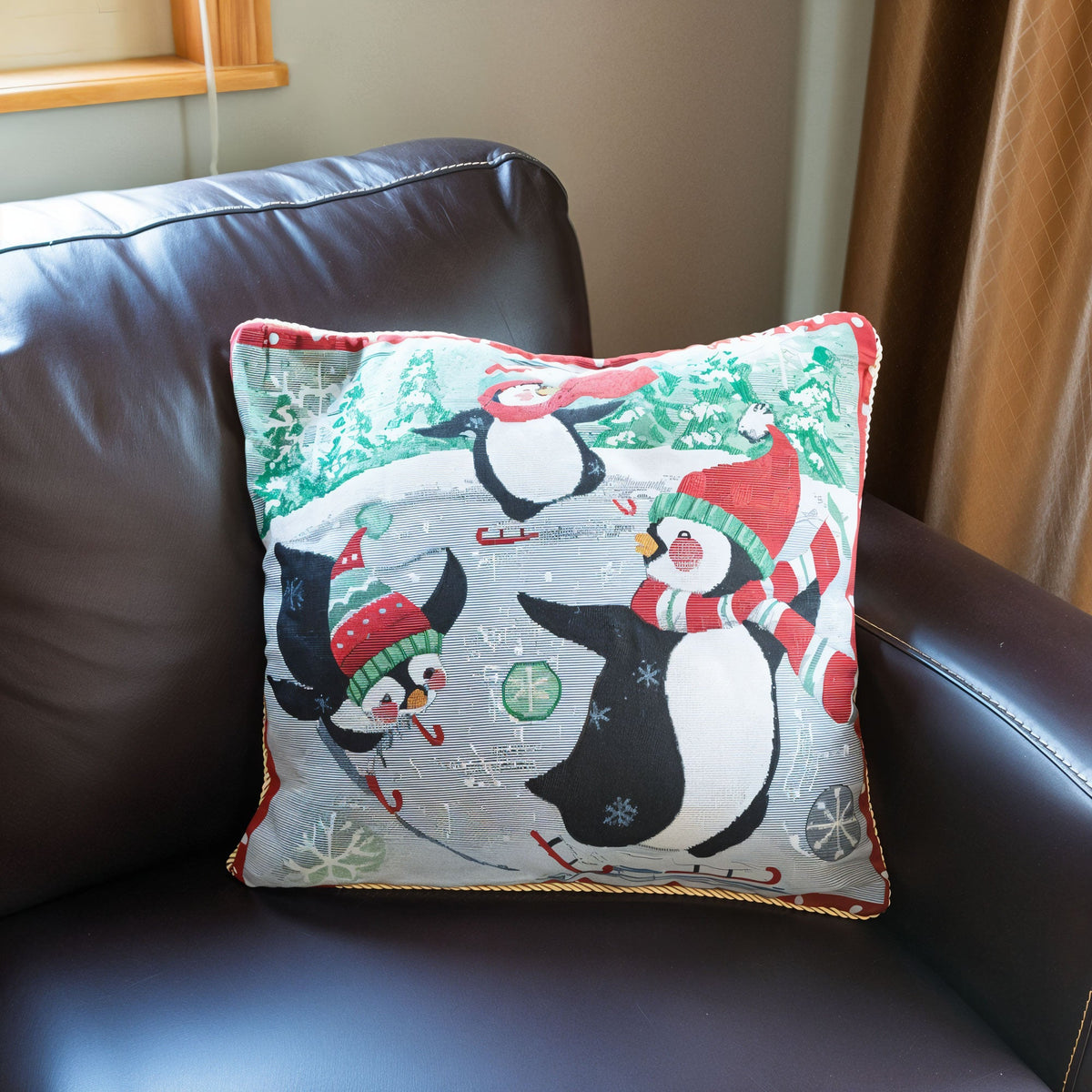 Set of 2 Skating Penguins Christmas Throw Pillow Covers