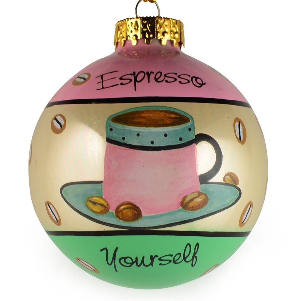 Set of 6 Coffee, Mocha, Latte Lovers Christmas Glass Ball Ornaments 3.25 Inches