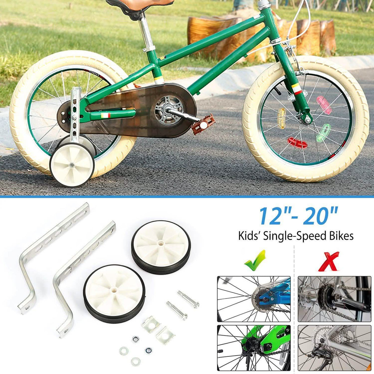 Kids Bicycle Training Wheels Adjustable for 12"-20" Bike