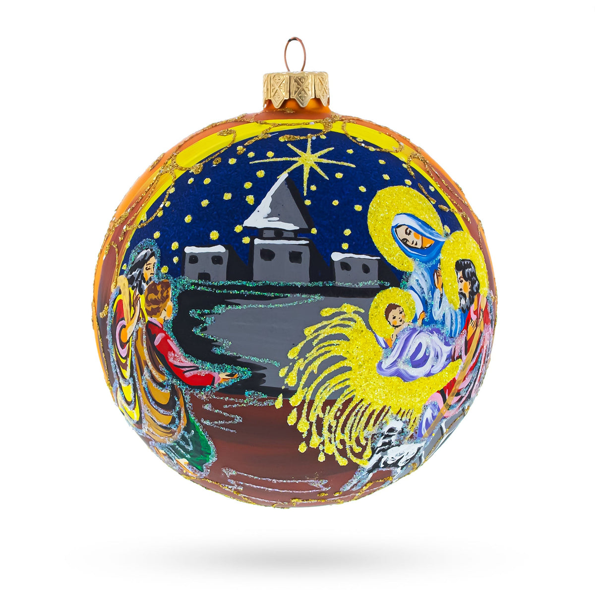 Sacred Nativity Scene on Gold Glass Ball Christmas Ornament 4 Inches