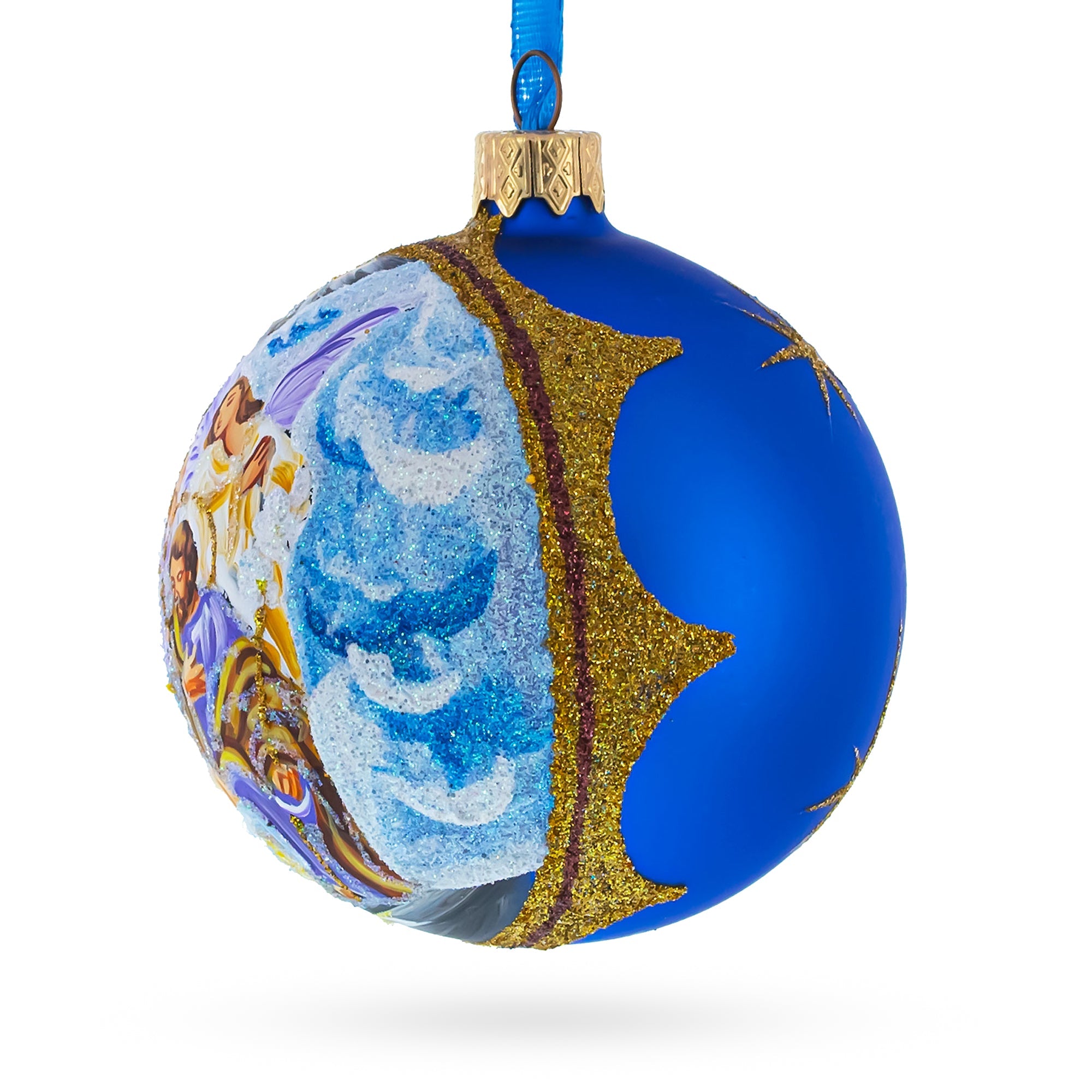 Divine Angels Admiring Jesus Nativity Scene Glass Ball Christmas Ornament 3.25 Inches