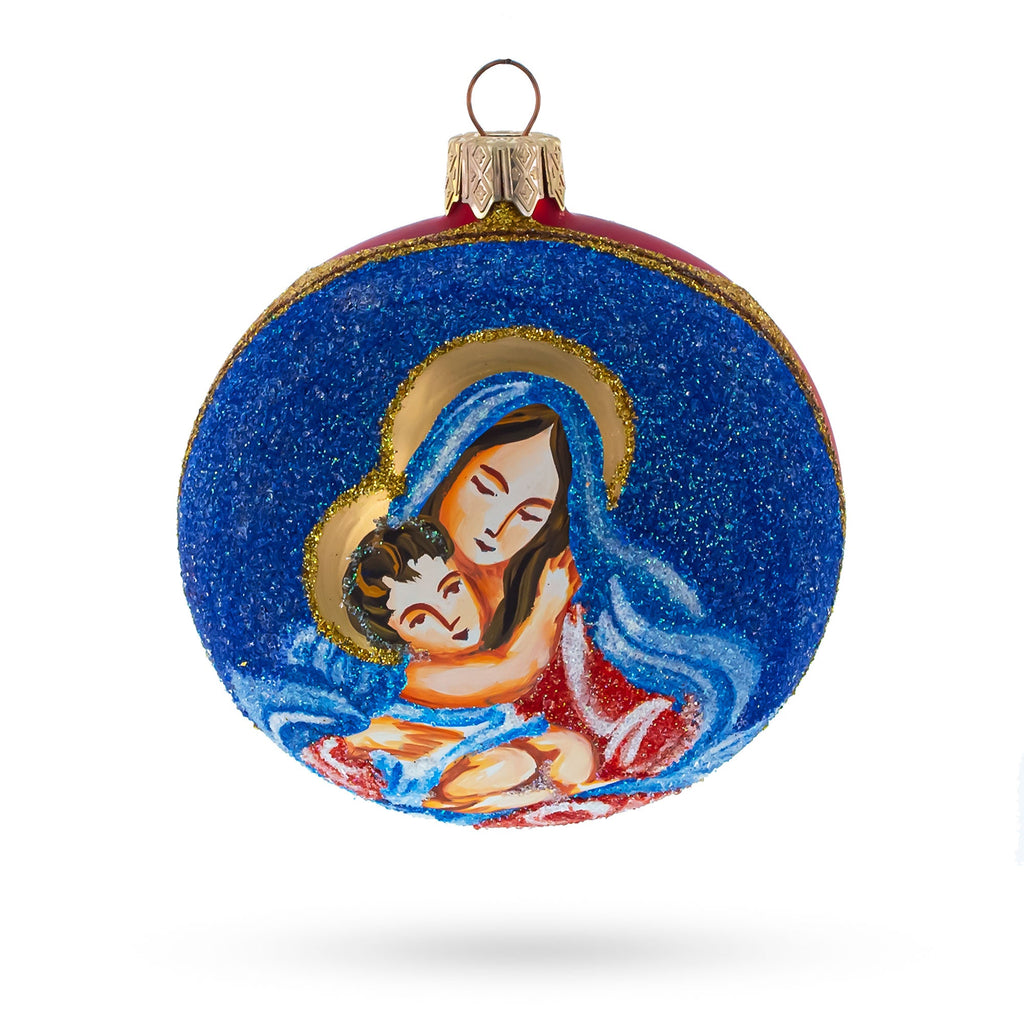 Sacred Virgin Mary Holding Jesus Glass Ball Christmas Ornament 3.25 Inches