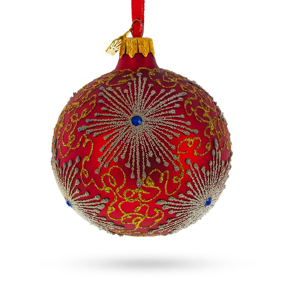 Radiant Jeweled Snowflake on Red Glass Christmas Ornament 3.25 Inches