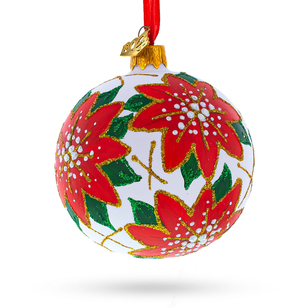 Poinsettia Flowers on White Glass Ball Christmas Ornament 3.25 Inches
