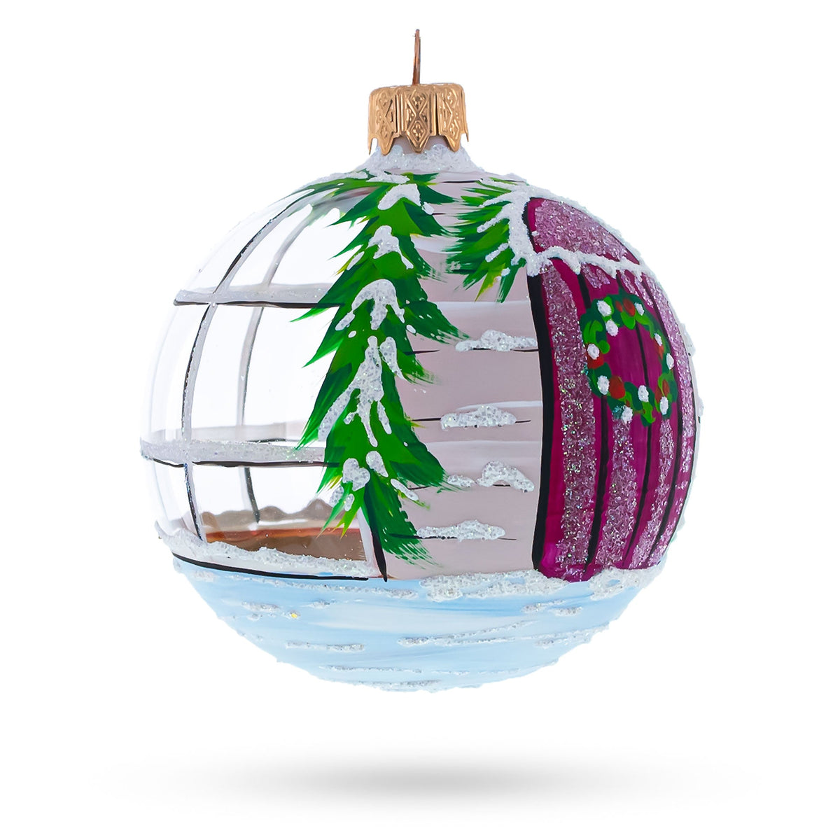 Santa Peeking Through House Window  Glass Ball Christmas Ornament  3.25 Inches