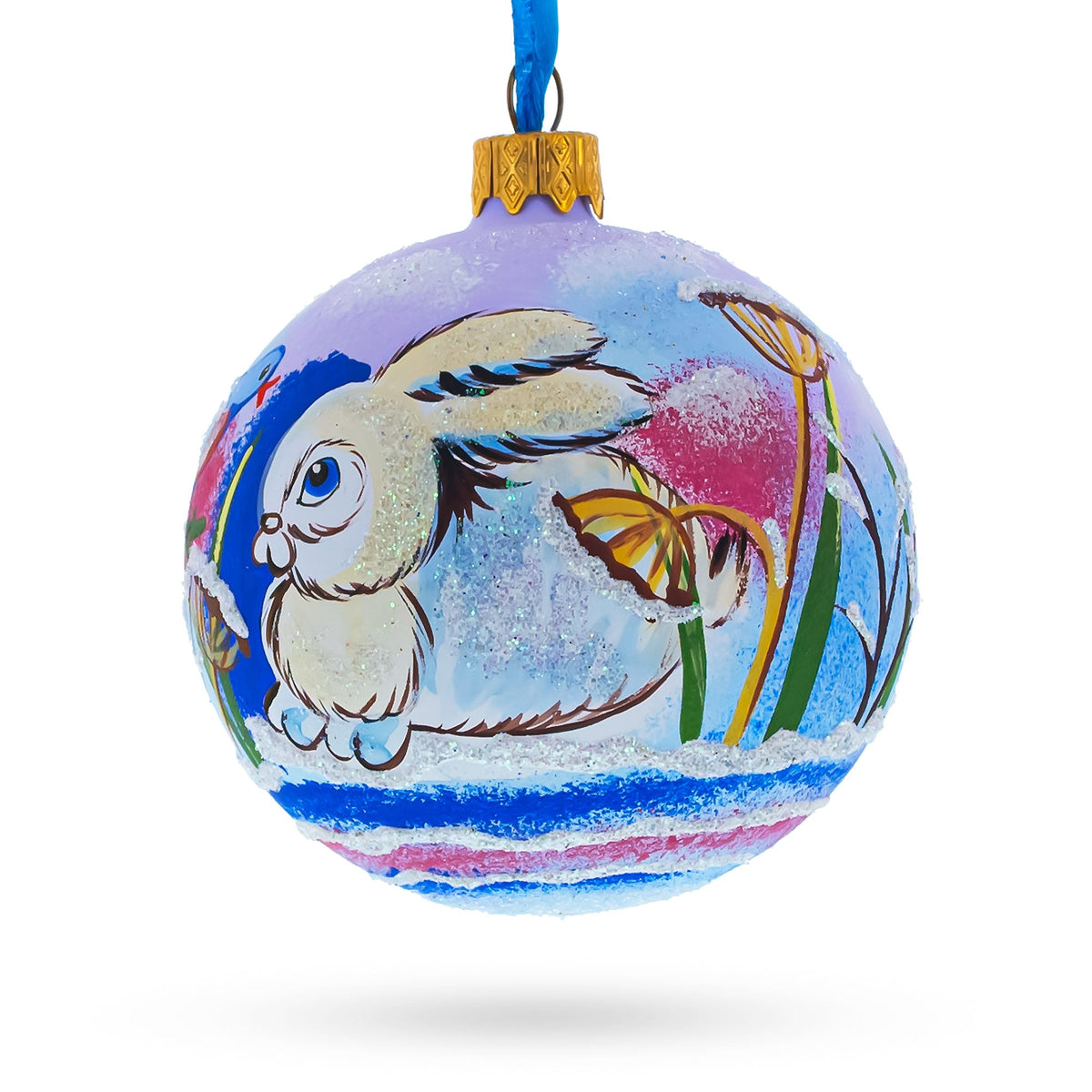 Charming Bunny Rabbit and Bird Whimsical Glass Ball Christmas Ornament  3.25 Inches