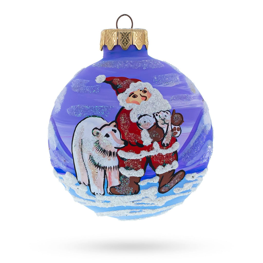 Santa and Polar Bear Festive Glass Ball Christmas Ornament 3.25 Inches