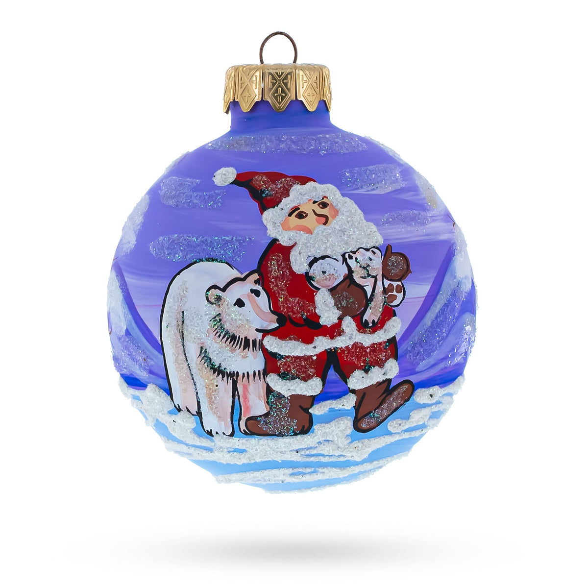 Santa and Polar Bear Festive Glass Ball Christmas Ornament 3.25 Inches