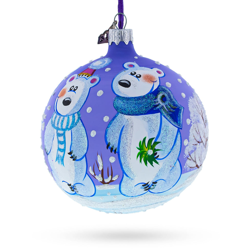Three Polar Bears Glass Ball Christmas Ornament 4 Inches